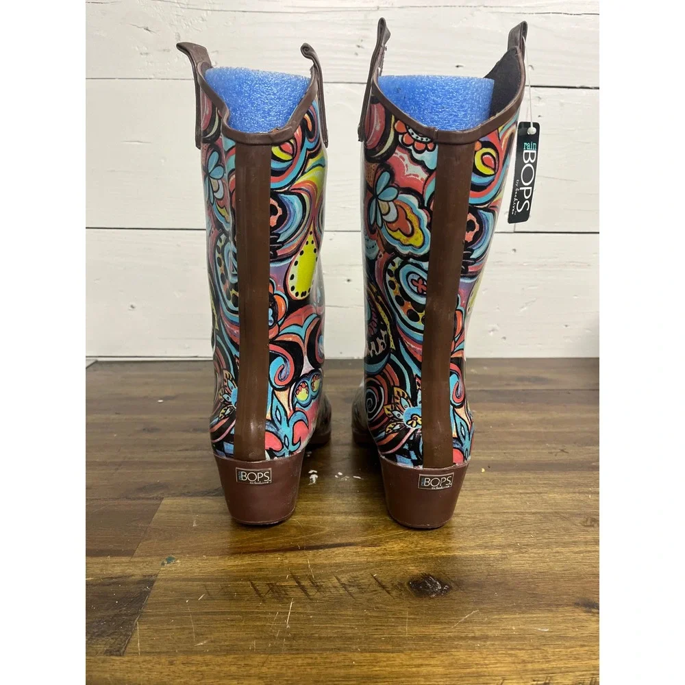 BOPS by Beehive RAIN12 Western Rain Boots‎ Psychedelic Paisley Floral Womens 8